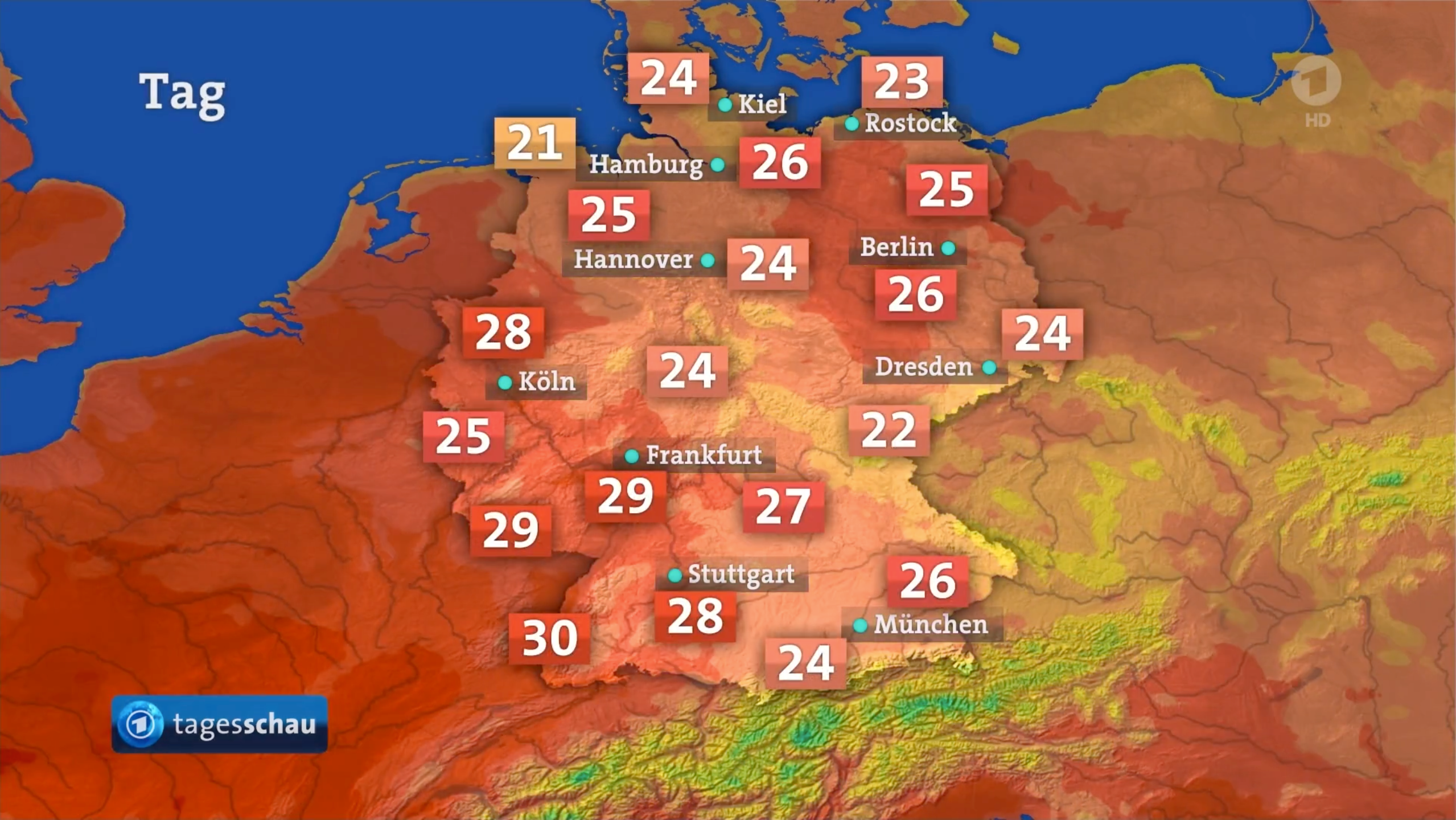 Diese Karte aus der Tagesschau vom 17. Juli 2025 stellt die Temperaturen farblich dar.